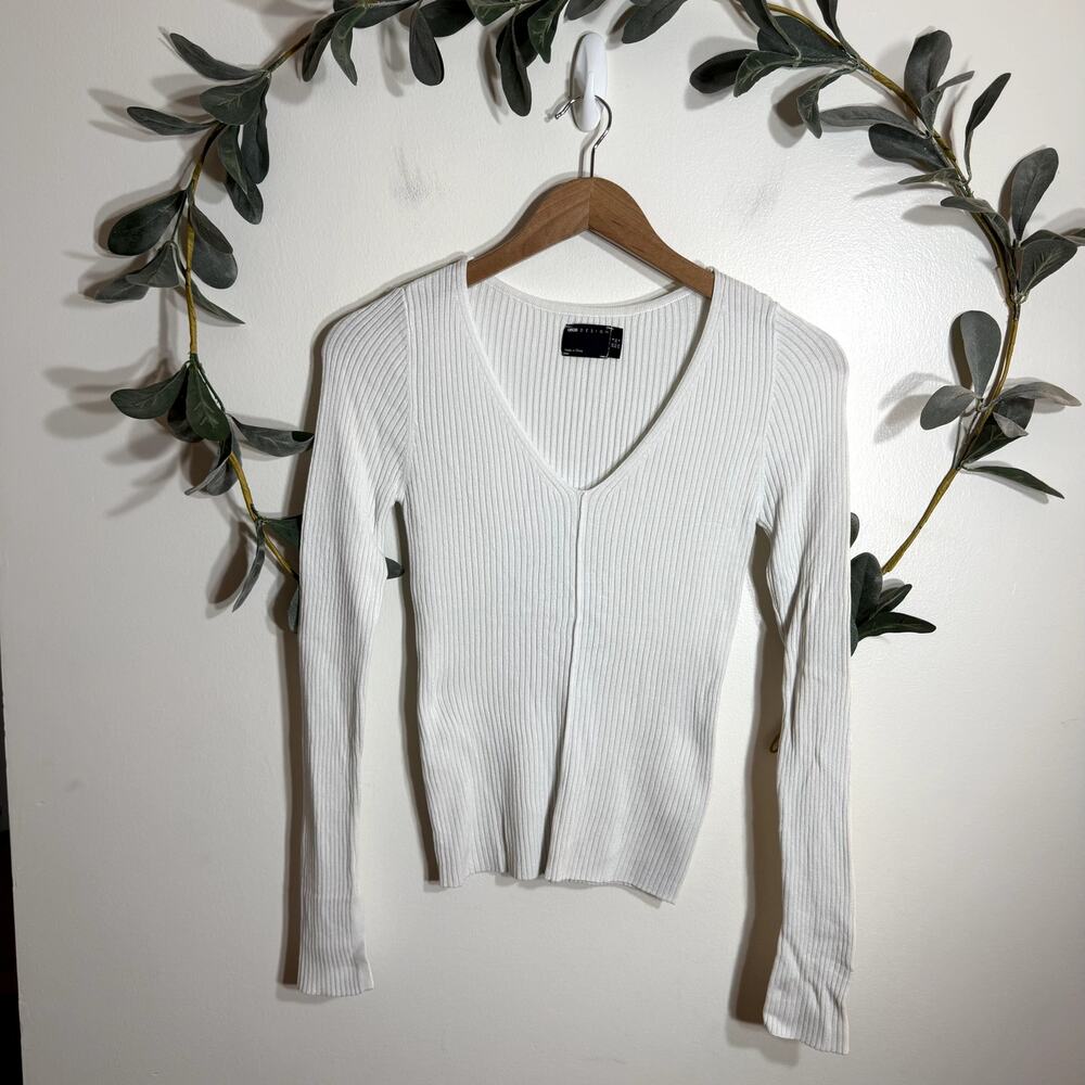 ASOS White Ribbed V Neck Long Sleeve